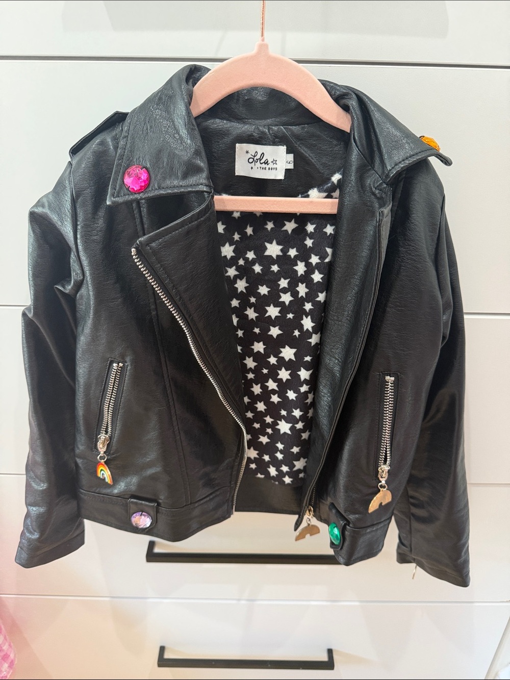 Black Faux Leather Moto Jacket with Star Lining